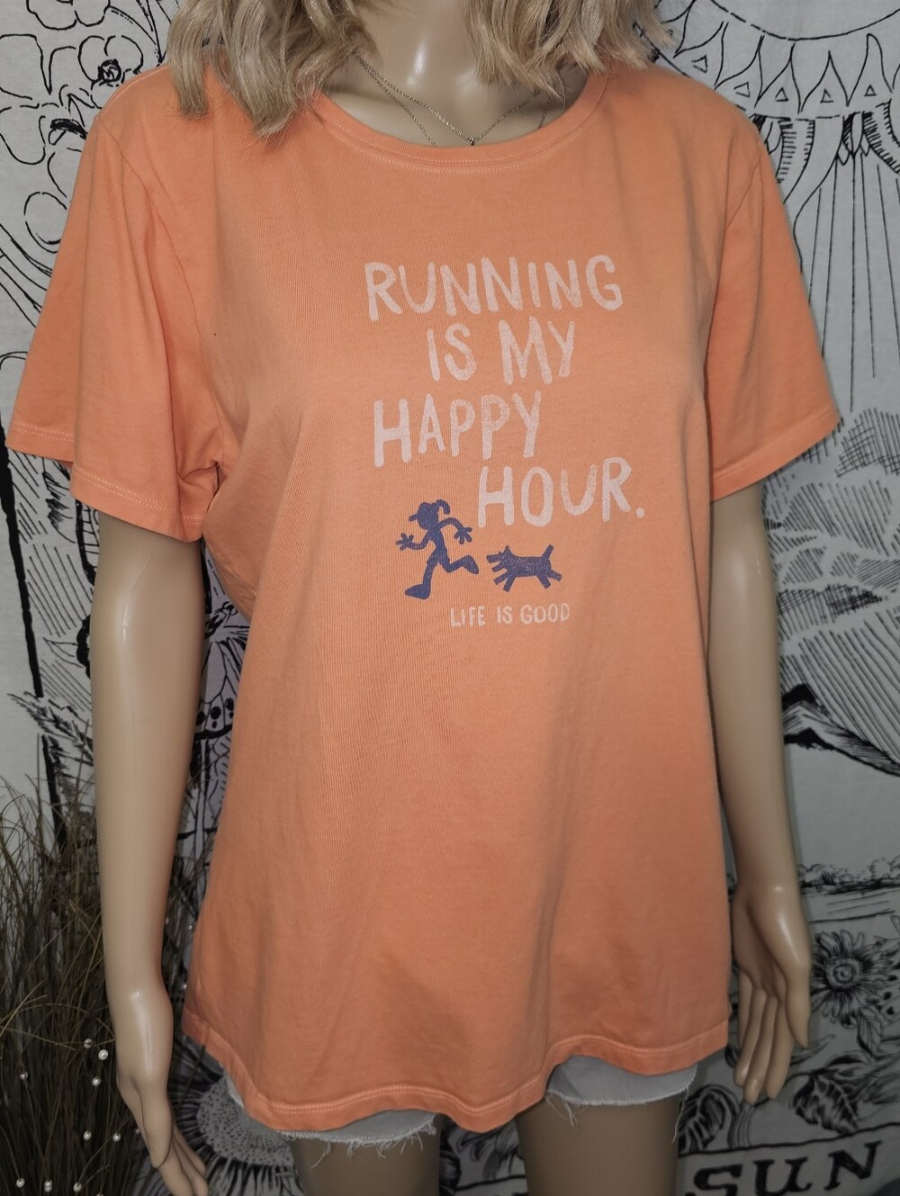 Life Is Good Peach Orange 'Running Is My Happy Hour' Graphic Tee Sz Large